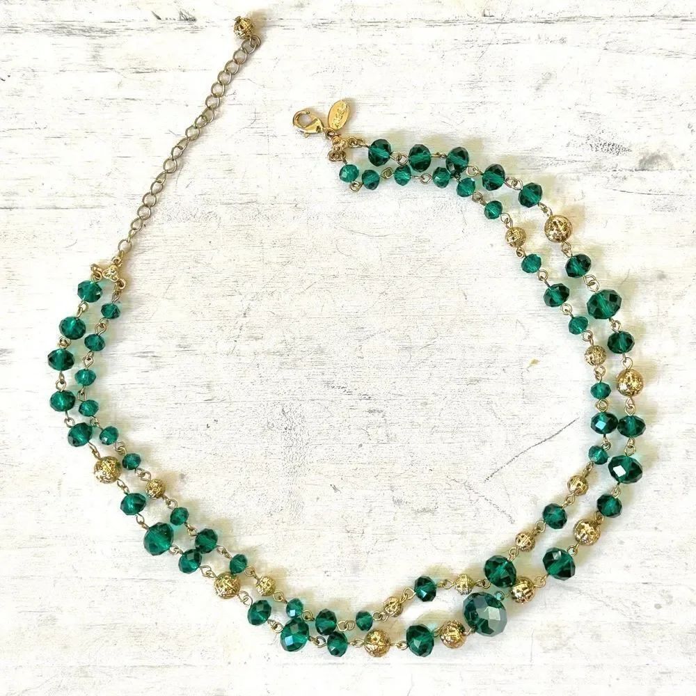 2028 green braded gold tone double strand Necklace